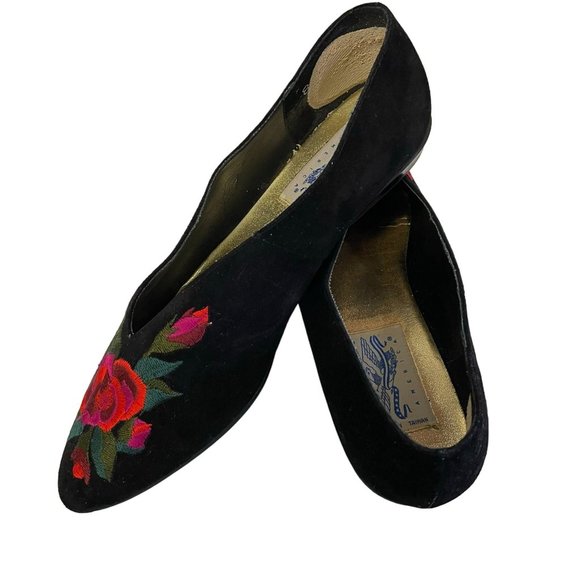 Vintage Perry Ellis Womens 8AA Black Suede Embroidered Red Floral Slip On Flats - Picture 6 of 16